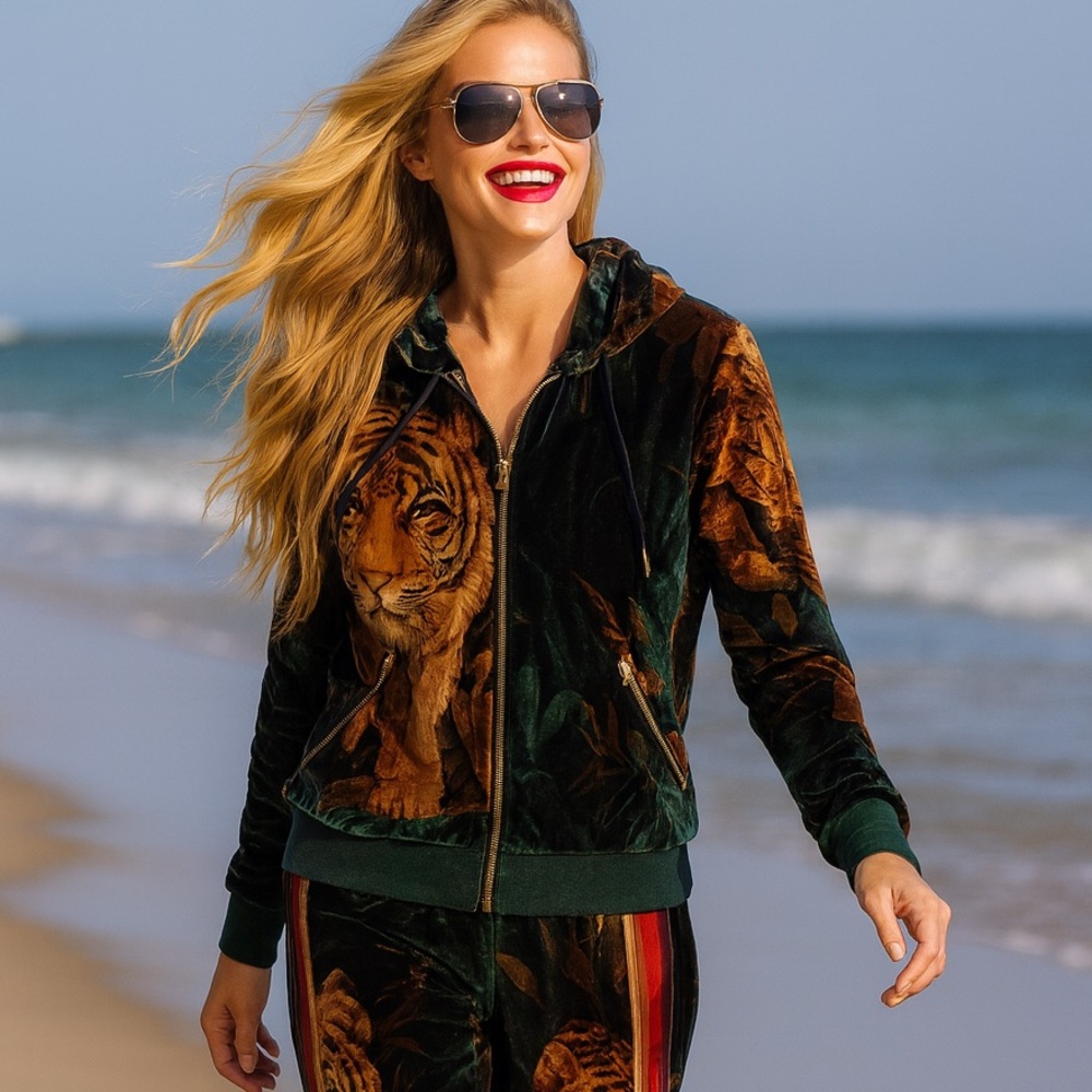 Aviator Nation Green Velvet Tiger-Print Jogger Set - Picture 11 of 15